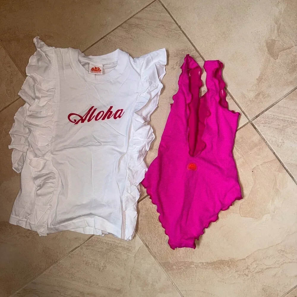 Sundek Girl ALOHA Ruffle Tank and Pink Swim Suit NWOT